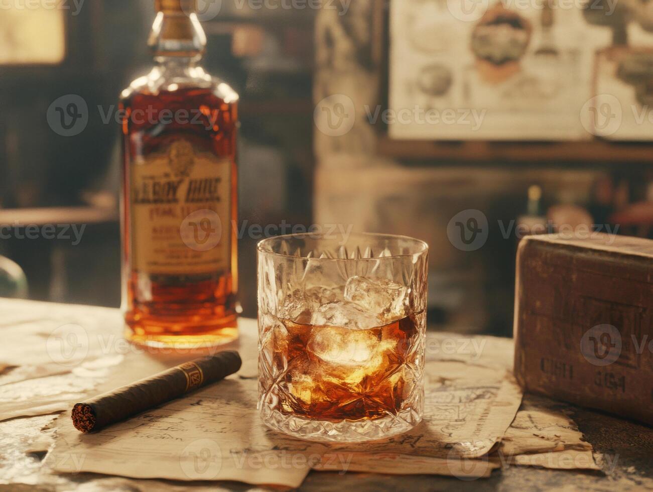 Whiskey glass and cigar on a rustic bar table with warm ambiance photo