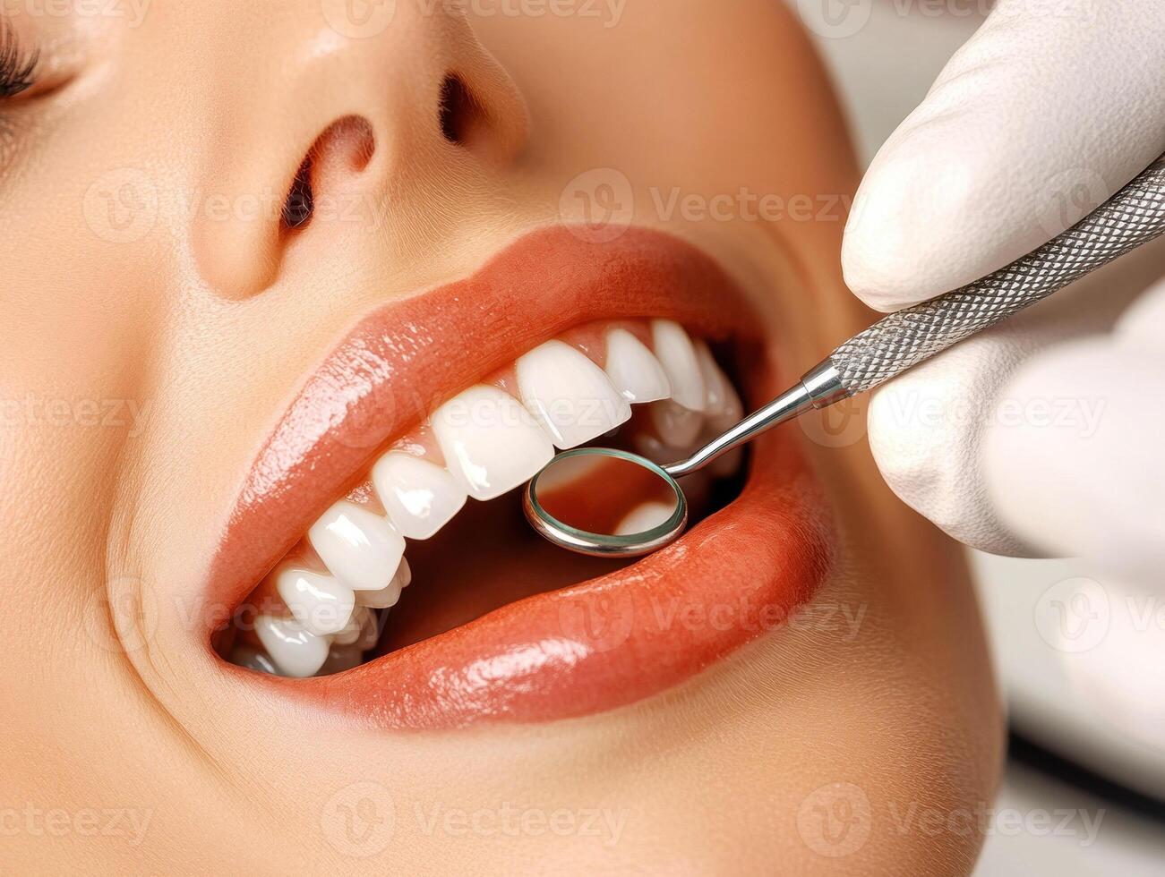 Dental checkup with patient smiling in clinic setting photo