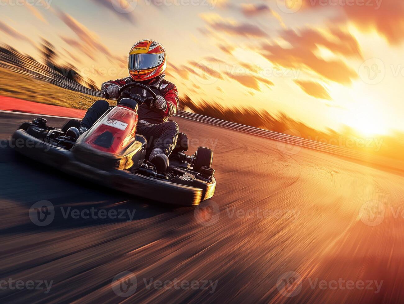 Racing go-kart on a track during sunset creates thrilling atmosphere photo
