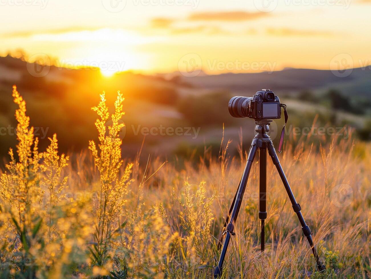 Capturing sunset moments with a camera on a tripod in nature photo