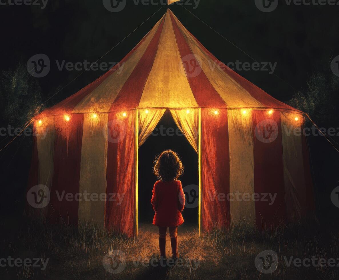 Mysterious girl stands at the entrance of a circus tent at night photo