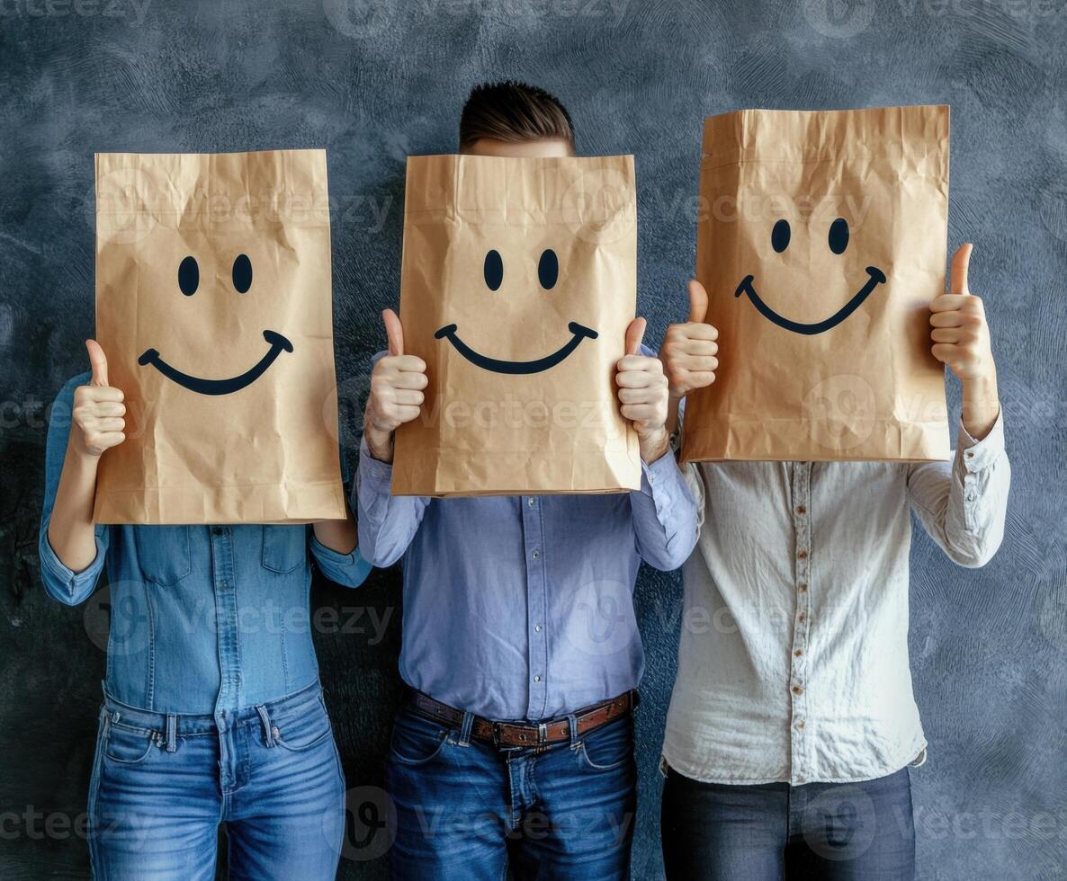 People show enthusiasm with smiley face bags in workplace setting photo