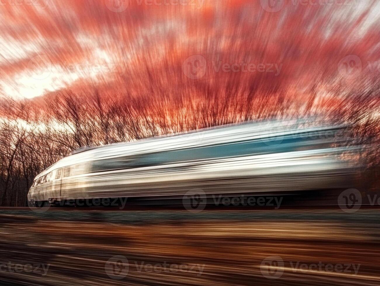 High-speed train cruising through a colorful sunset landscape photo