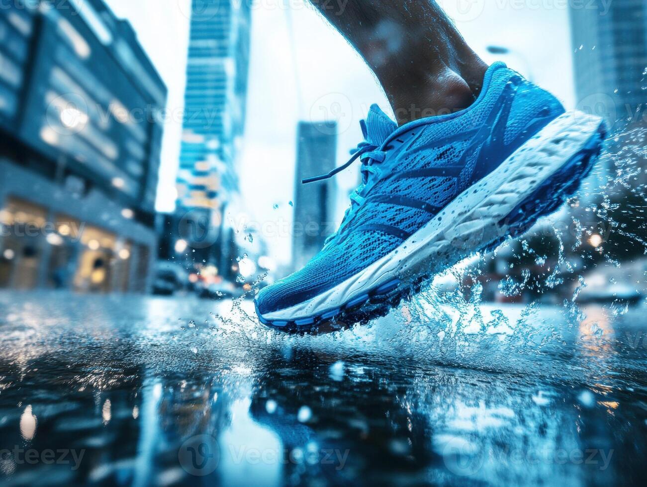 Running through puddles in the city during a rainy day photo
