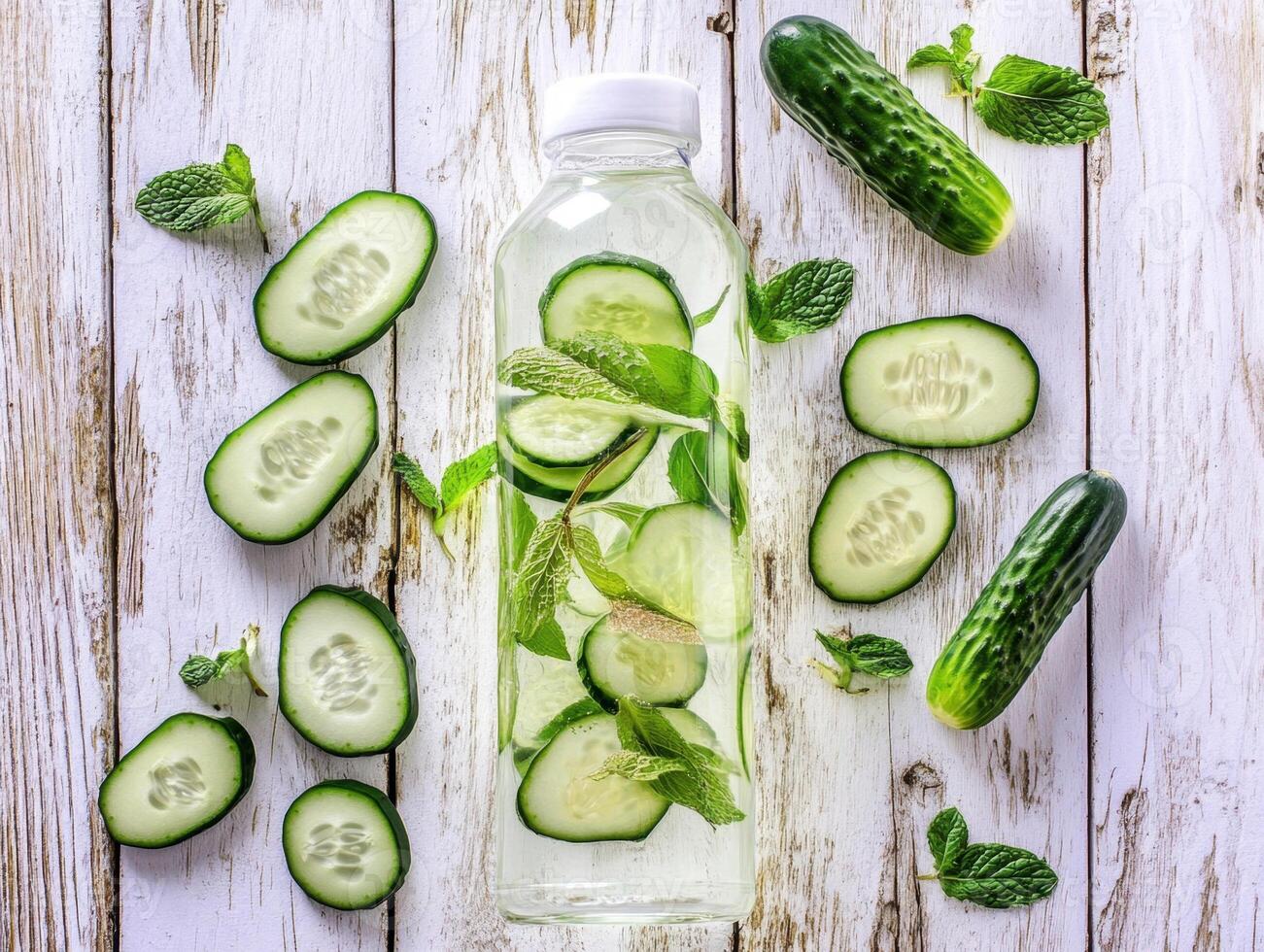 Refreshing cucumber water with mint on a wooden table photo