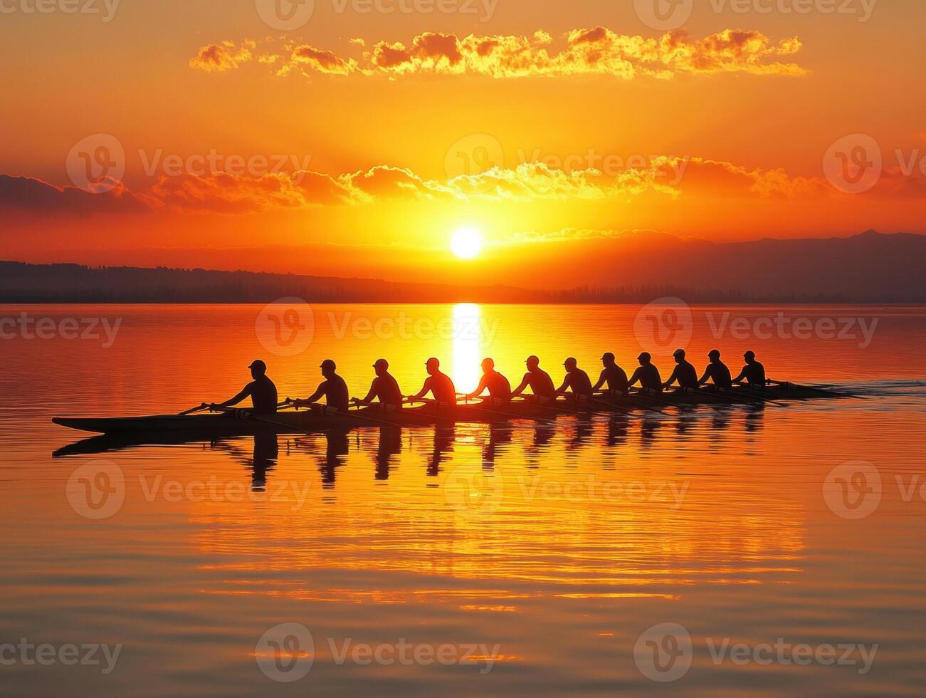 Rowers glide across smooth water at sunset with vibrant colors photo