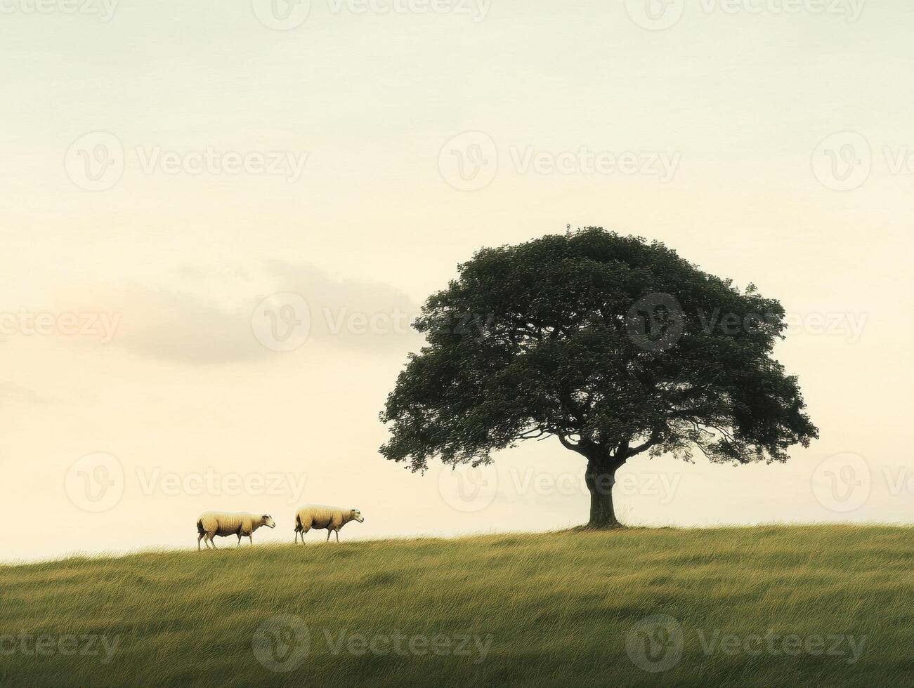 Sheep grazing under a lone tree on a grassy hill at sunset photo