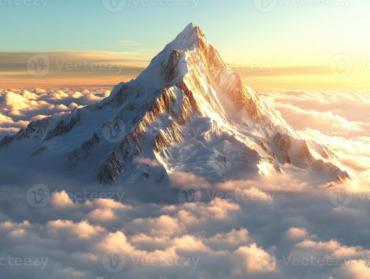 Snow-capped mountain peak rising above clouds at sunrise photo