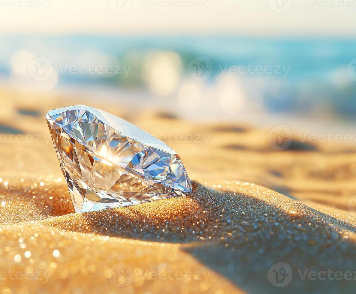 Sparkling diamond resting on sandy beach during sunset photo