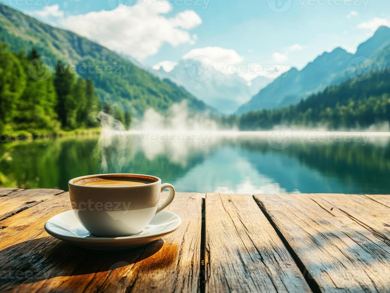 Enjoying coffee by the serene lake in the mountains photo