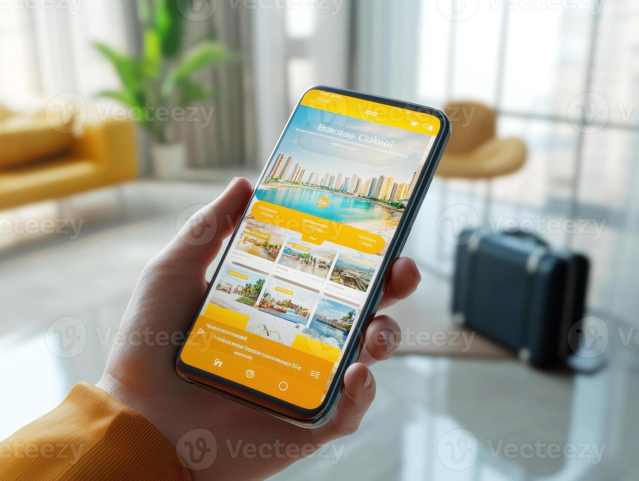 Discovering travel destinations on a smartphone in a modern setting photo