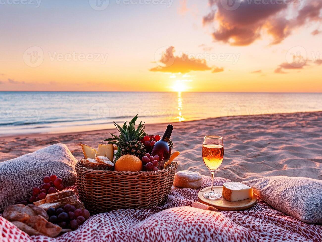 Sunset picnic on the beach with refreshing drinks and fruits photo