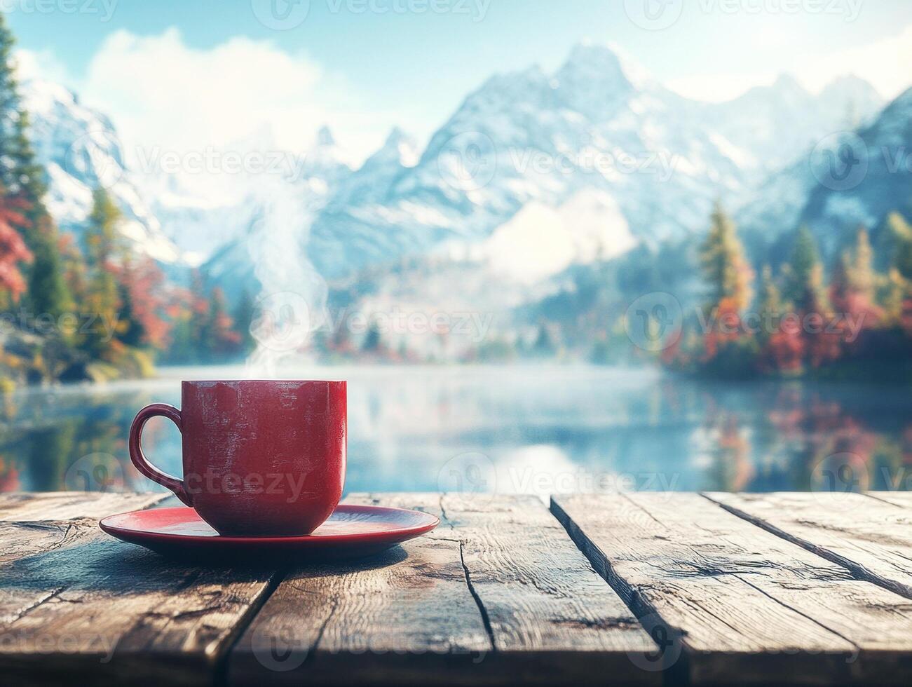 Warm drink by the serene lake with mountains in the background photo