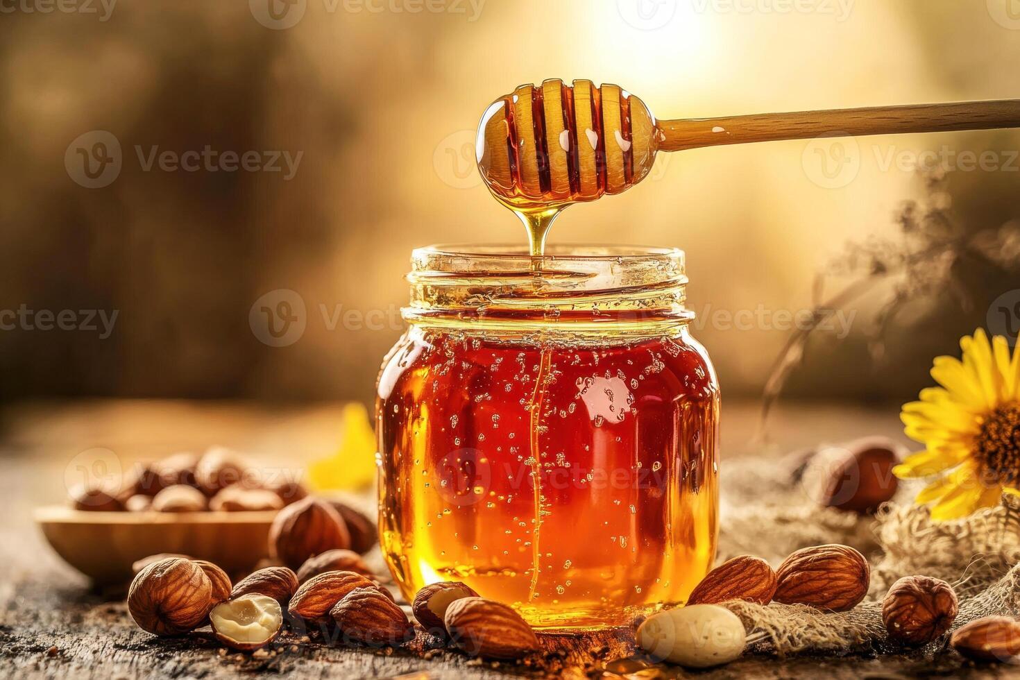 Natural honey in jar with nuts and flowers on wooden table photo