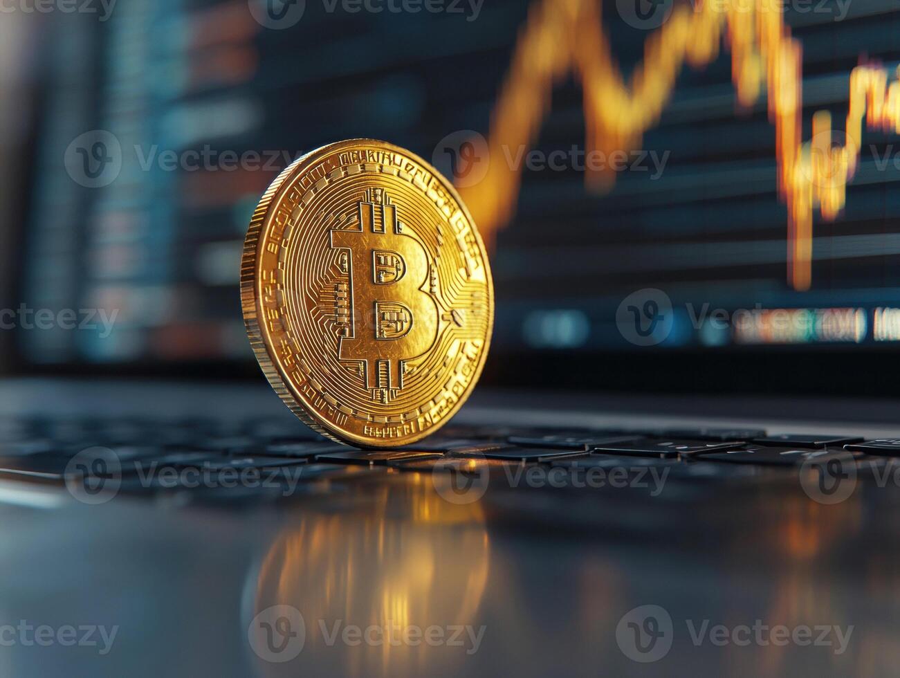 Bitcoin sits on a laptop keyboard with market trends displayed photo