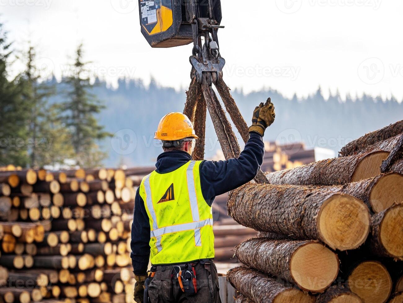 Worker operating crane to lift logs at lumber yard photo