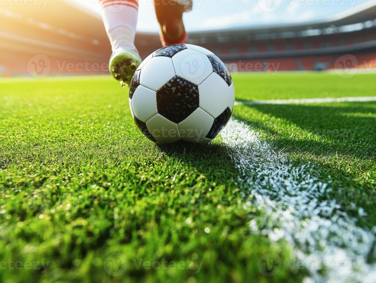 Soccer player approaches ball on bright field during match photo