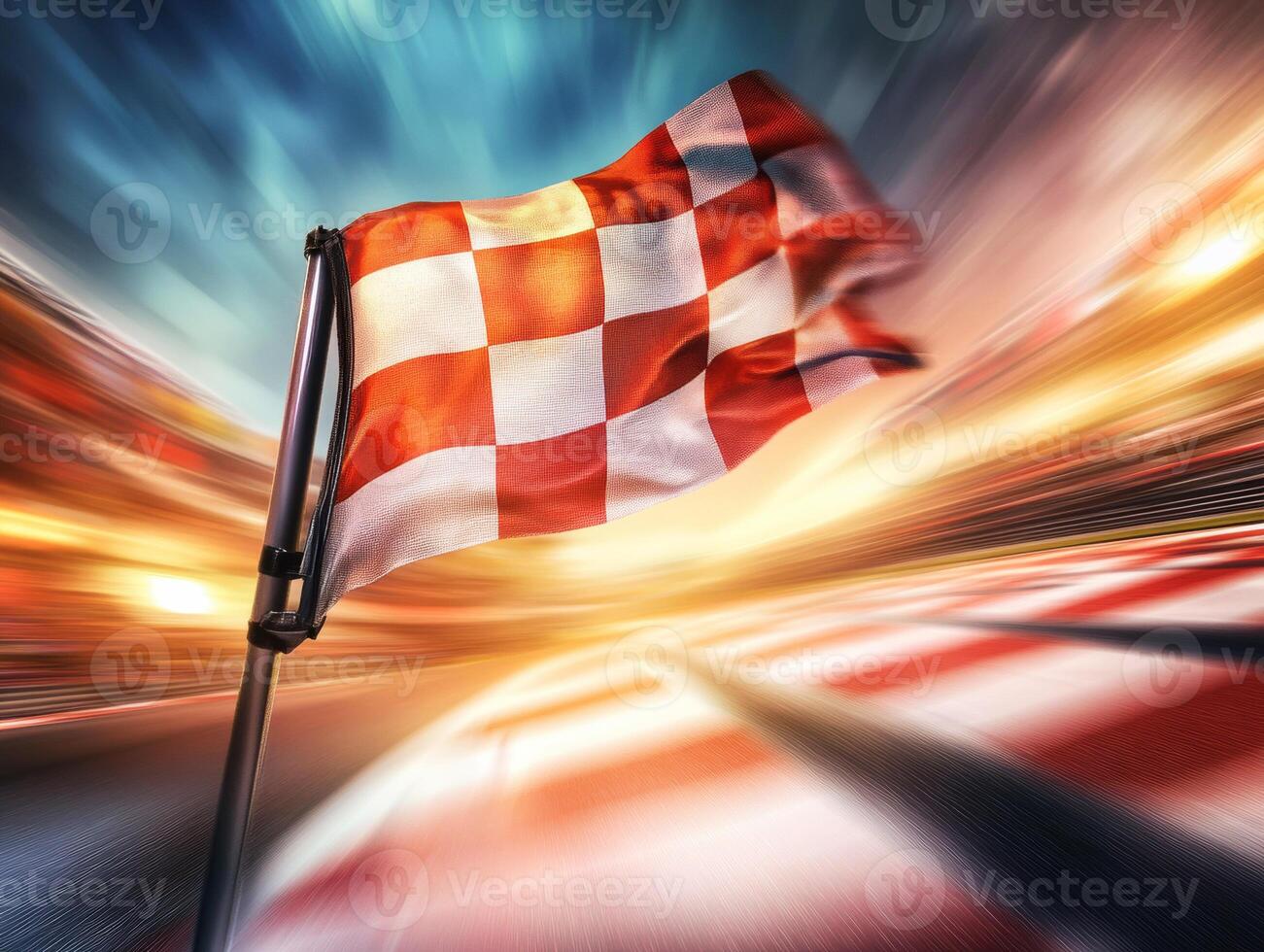 Racing flag waves at high-speed finish line during intense event photo