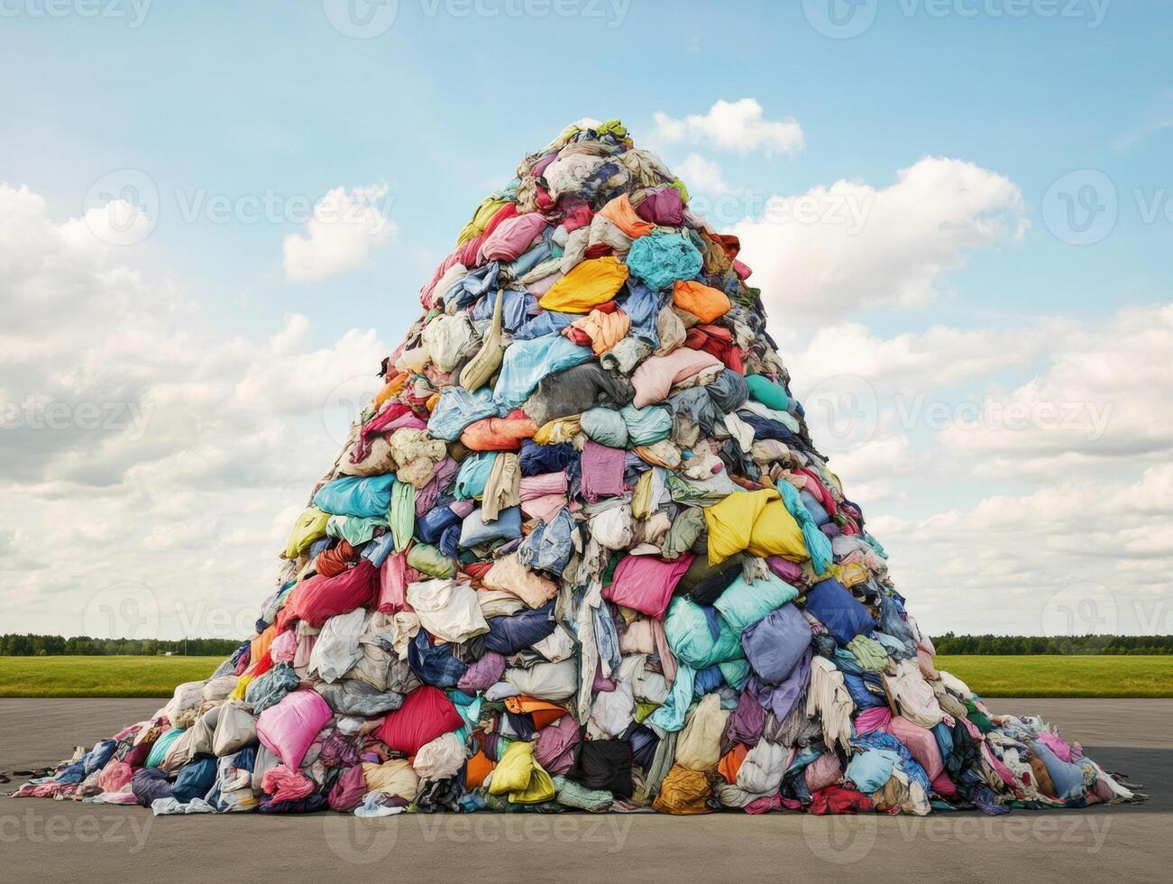 Colorful mountain of discarded clothing in open field on sunny day photo