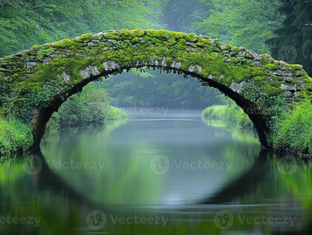 Lush green arch bridge reflecting in serene forest water photo