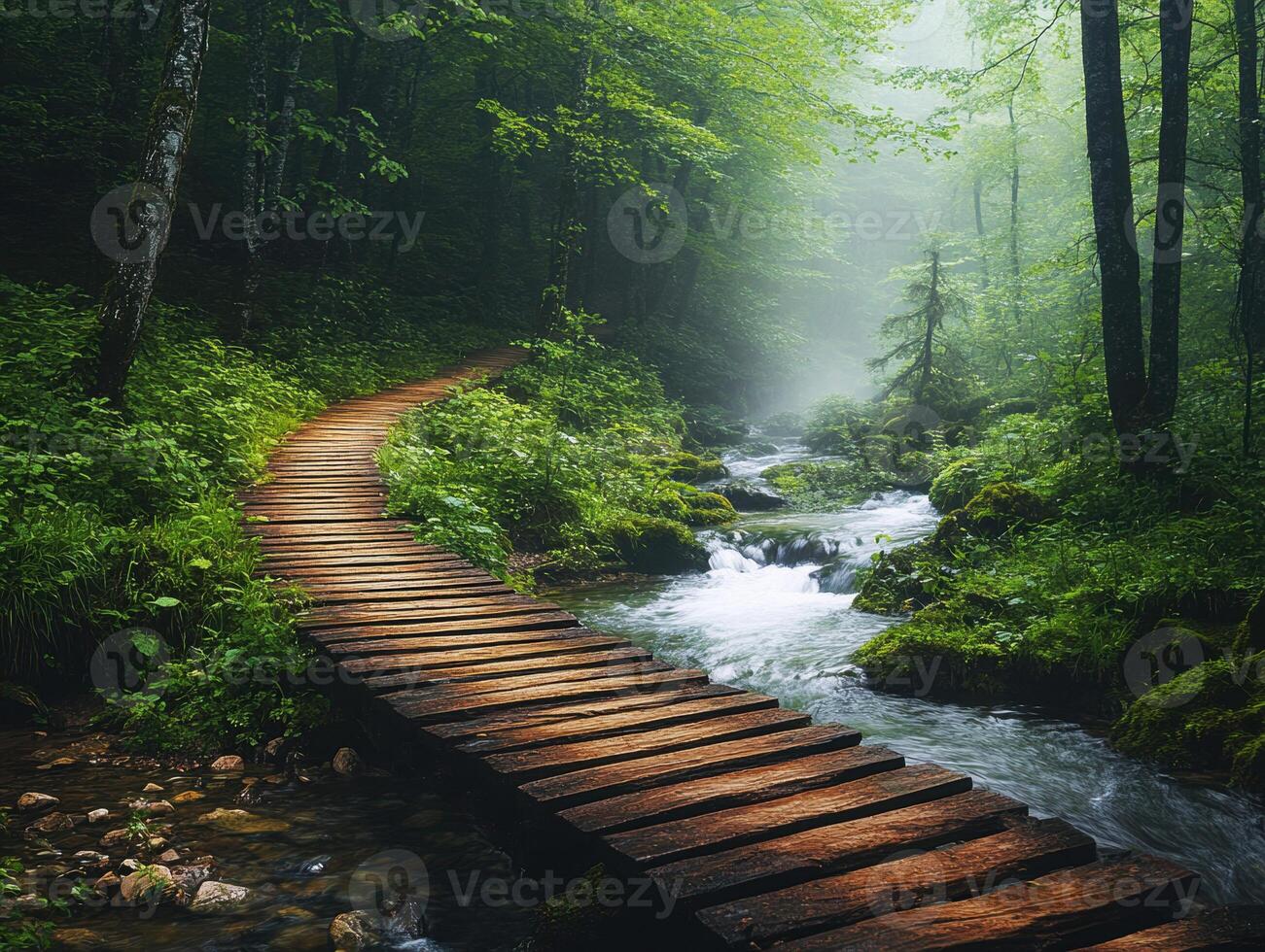 Wooden pathway through lush forest near flowing stream photo