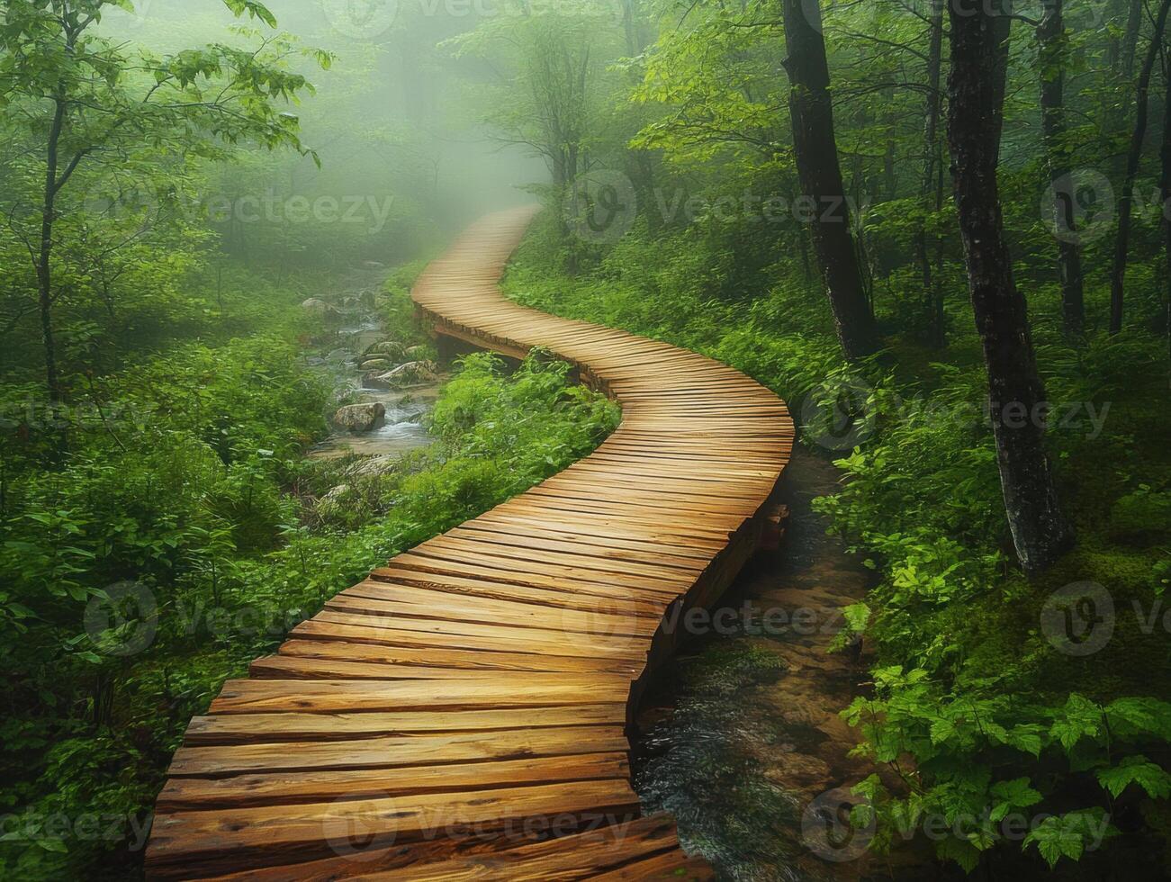 Wooden path winding through misty forest landscape in summer photo