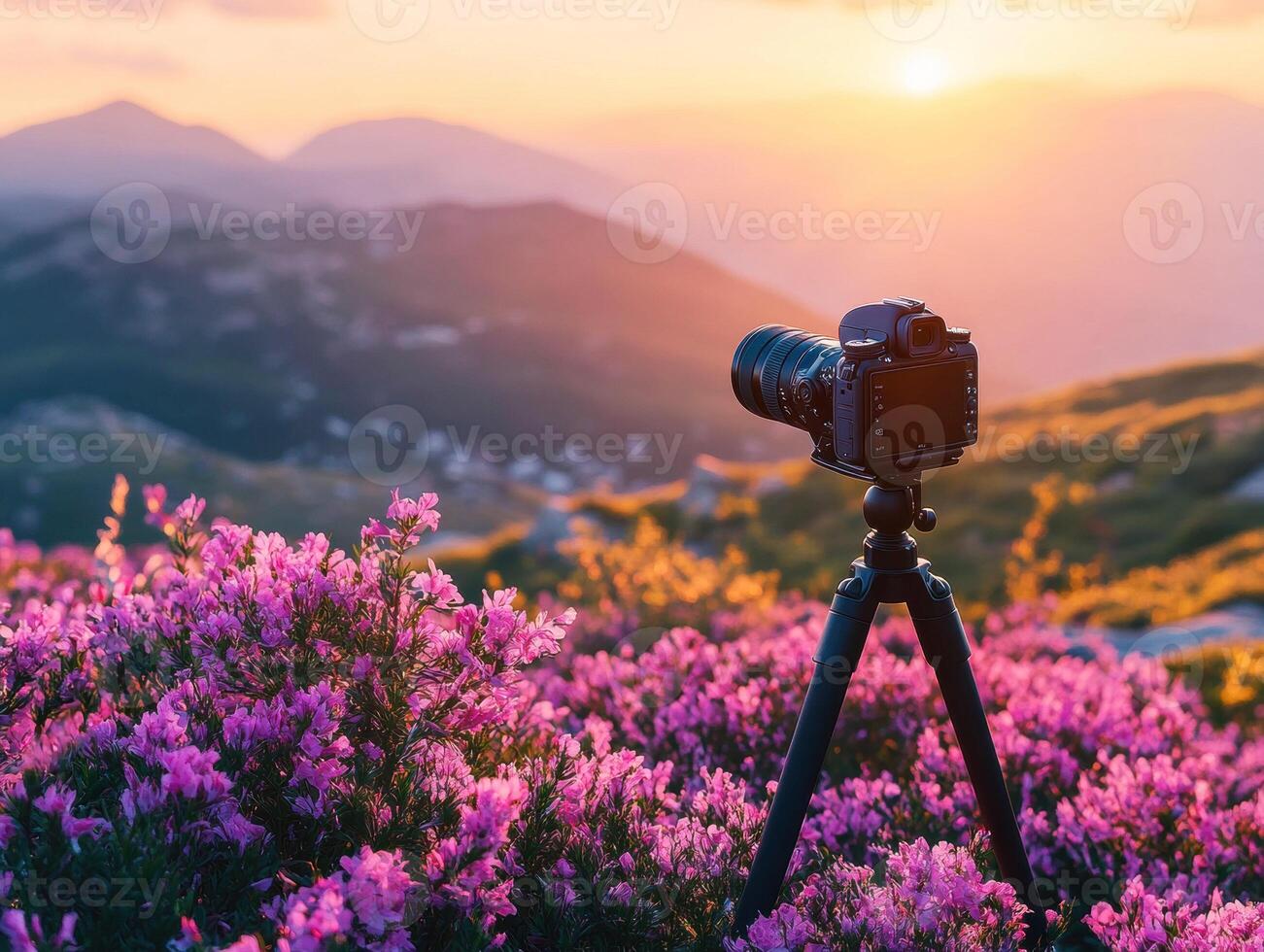 Capturing sunset beauty through a camera in a blooming landscape photo