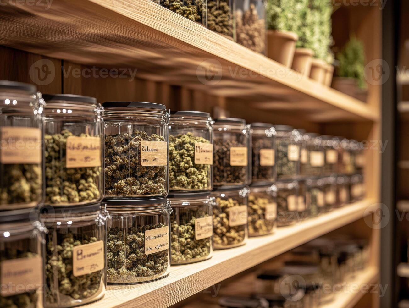 Display of various cannabis strains in glass jars at a dispensary photo