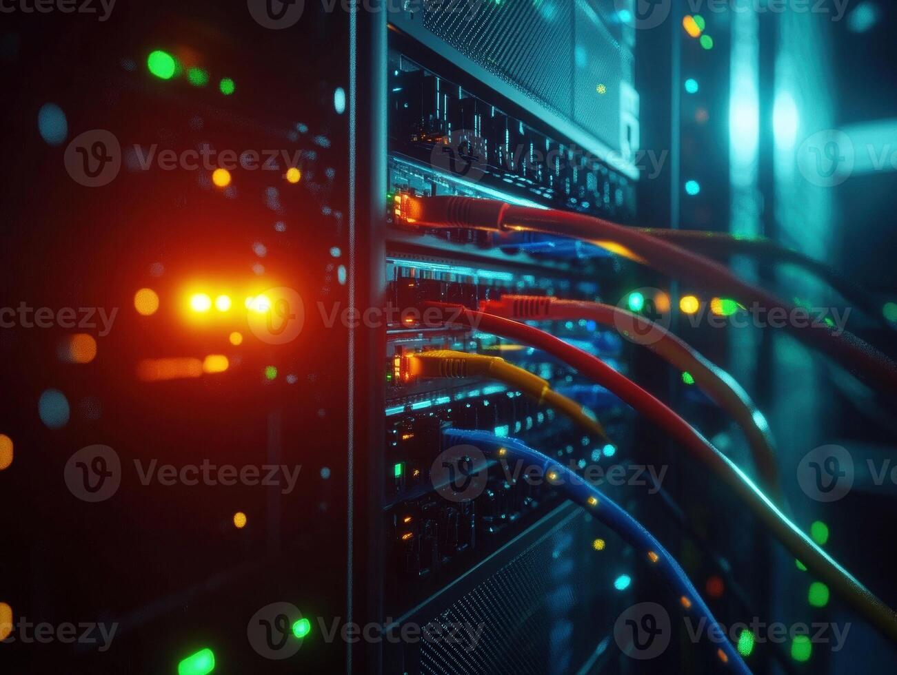Network cables connected in a data center with vibrant lights photo