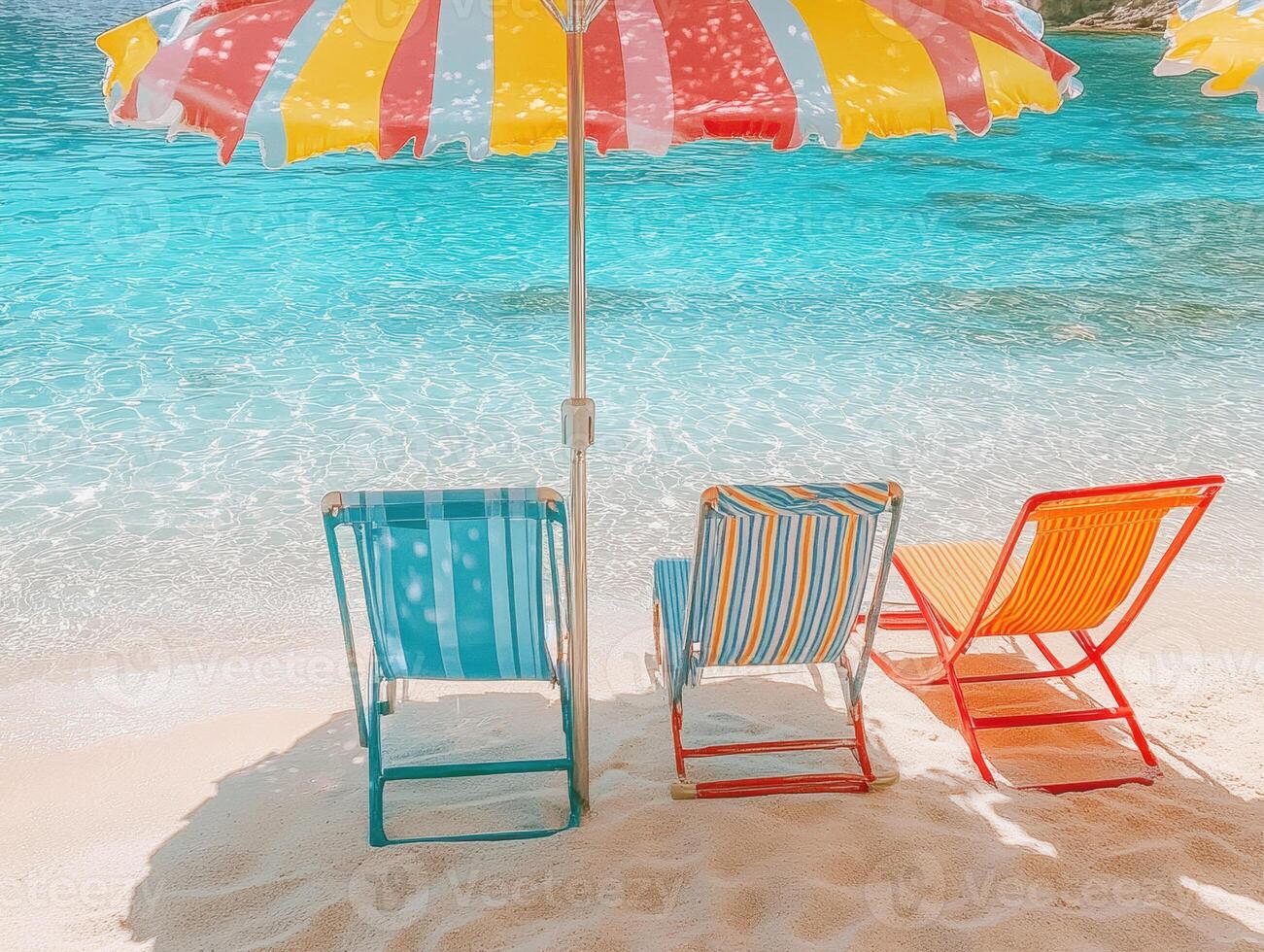 Colorful beach chairs under an umbrella at a serene coastal location photo