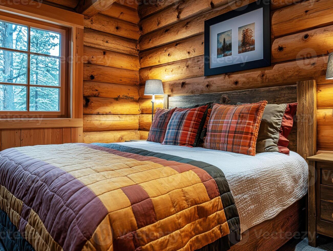 Cozy cabin bedroom with log walls and warm colored bedding photo