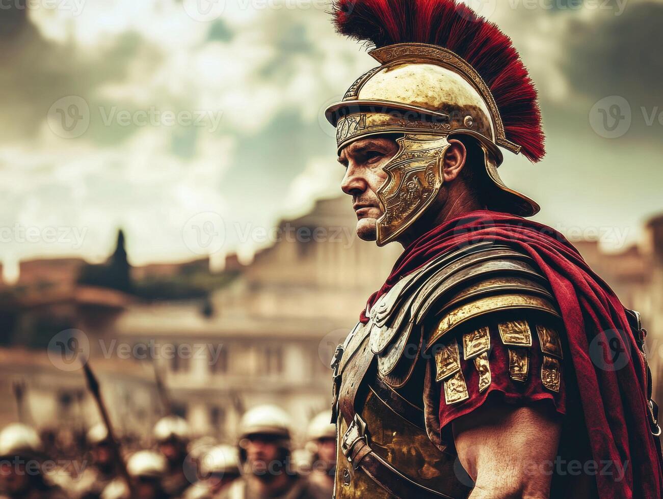 Roman soldier stands ready for battle in historical reenactment photo