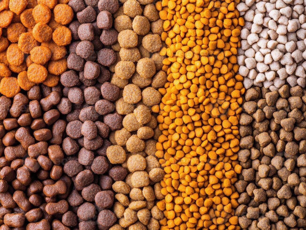 Variety of pet food kibbles arranged in colorful patterns photo