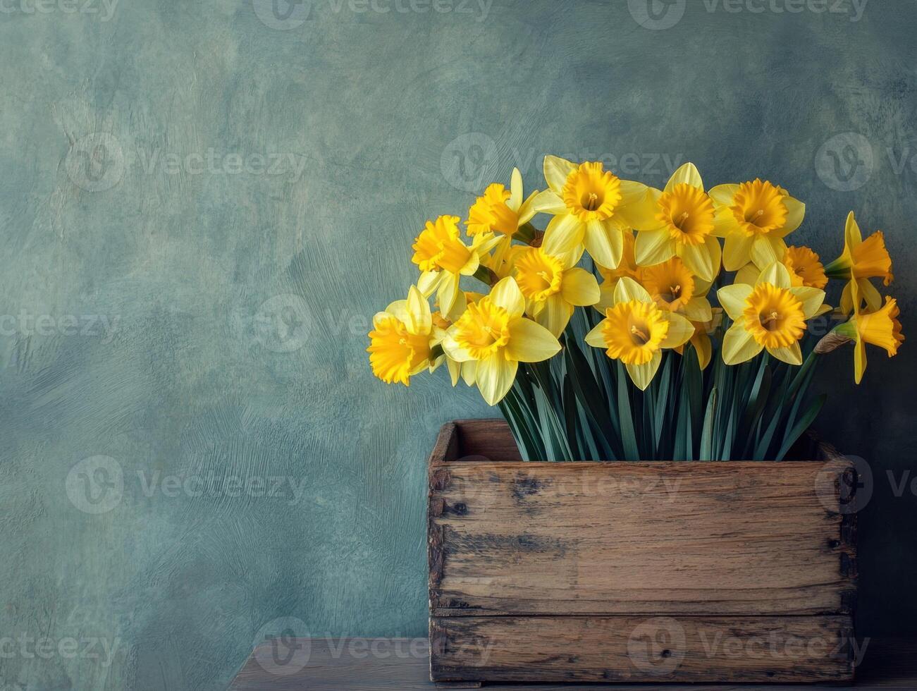 Bright yellow daffodils in a rustic wooden planter on a shelf photo