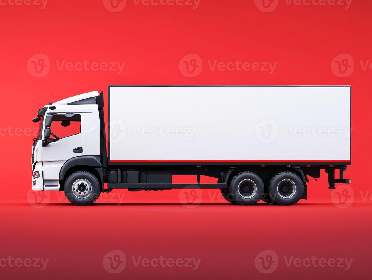 Delivery truck against a bright red background in a studio setting photo