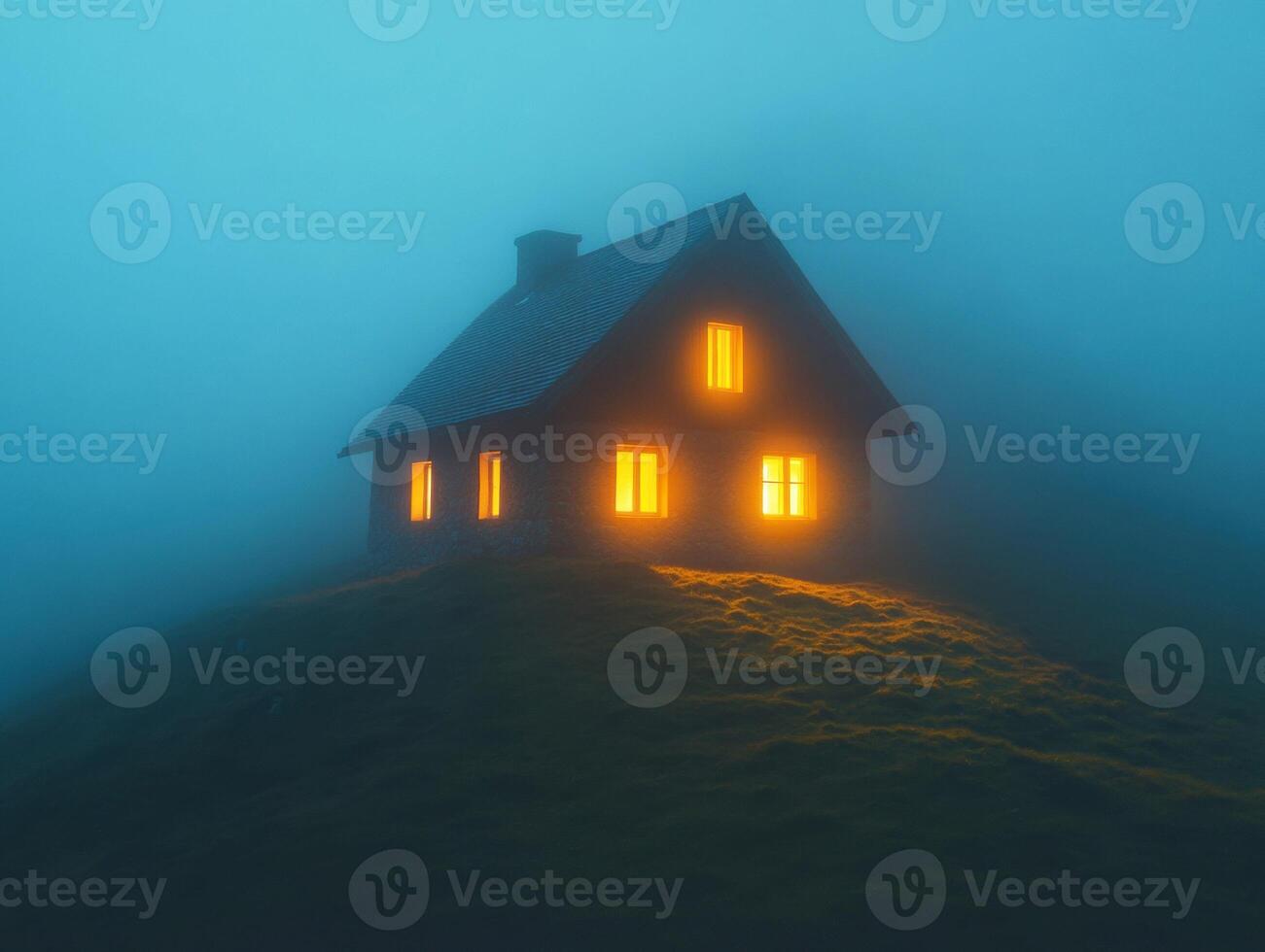 Mysterious house glowing in foggy landscape at twilight photo