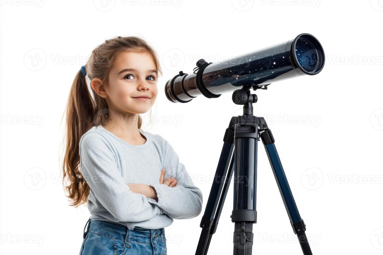 Curious girl exploring astronomy with a telescope at home photo