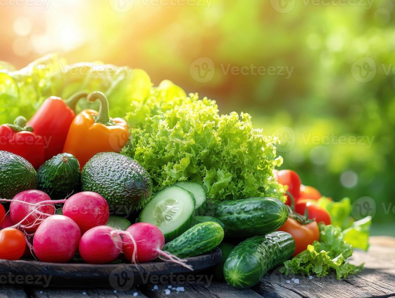Freshly harvested vegetables displayed on a wooden table photo