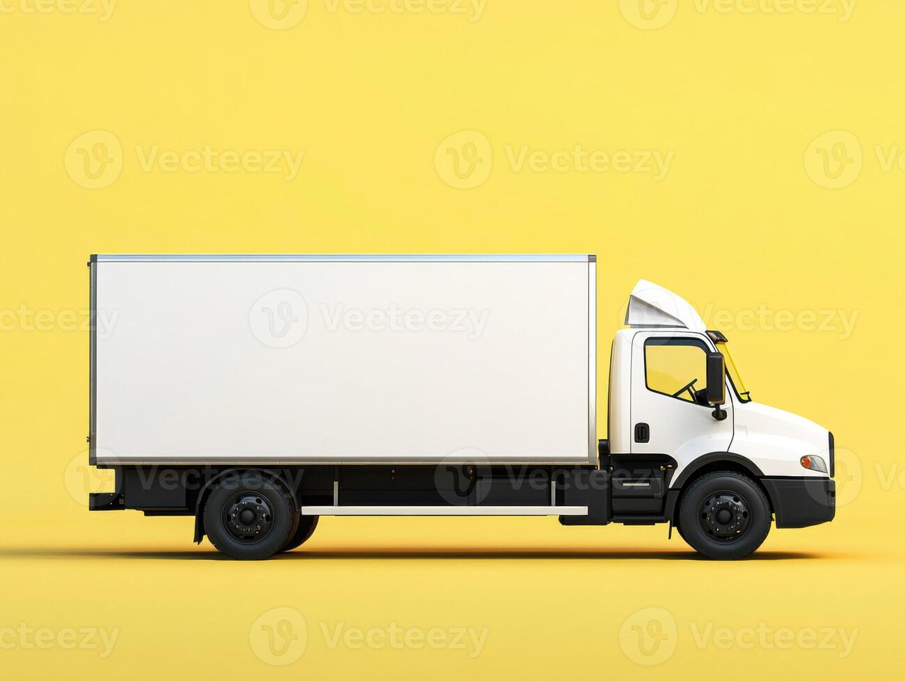 Delivery truck against bright yellow background in studio setting photo