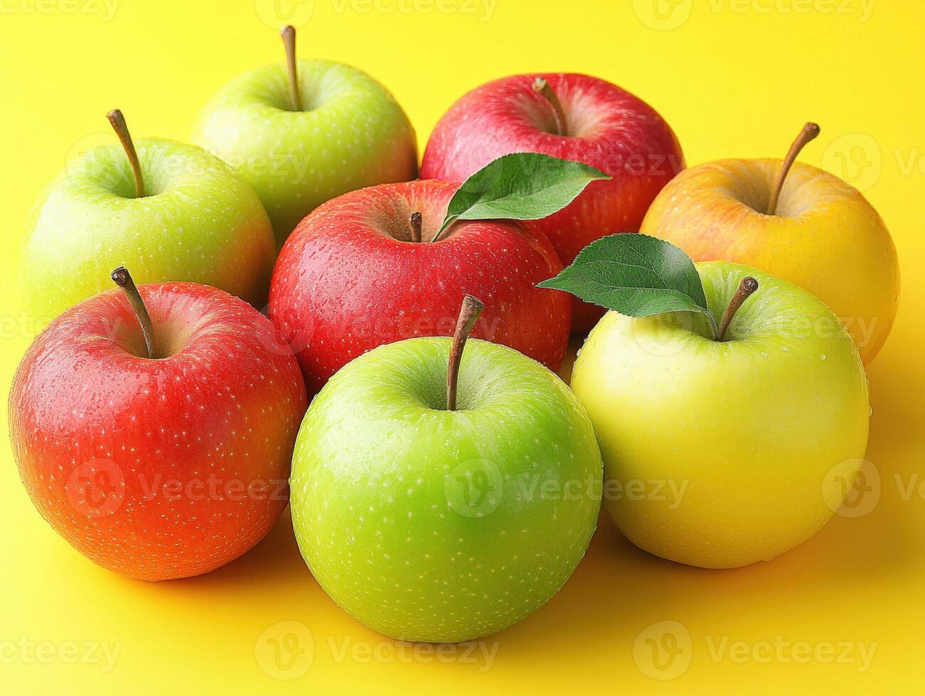 Colorful assortment of apples displayed on yellow background photo