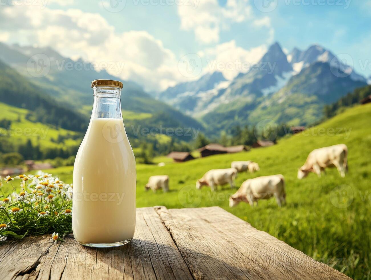 Fresh milk on a wooden table with cows grazing in a mountain landscape photo