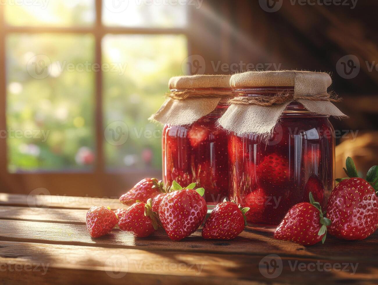 Strawberry preserves in jars on wooden table with sunlight photo