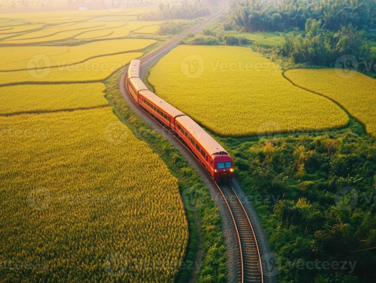 Train travels through lush rice fields at sunrise photo