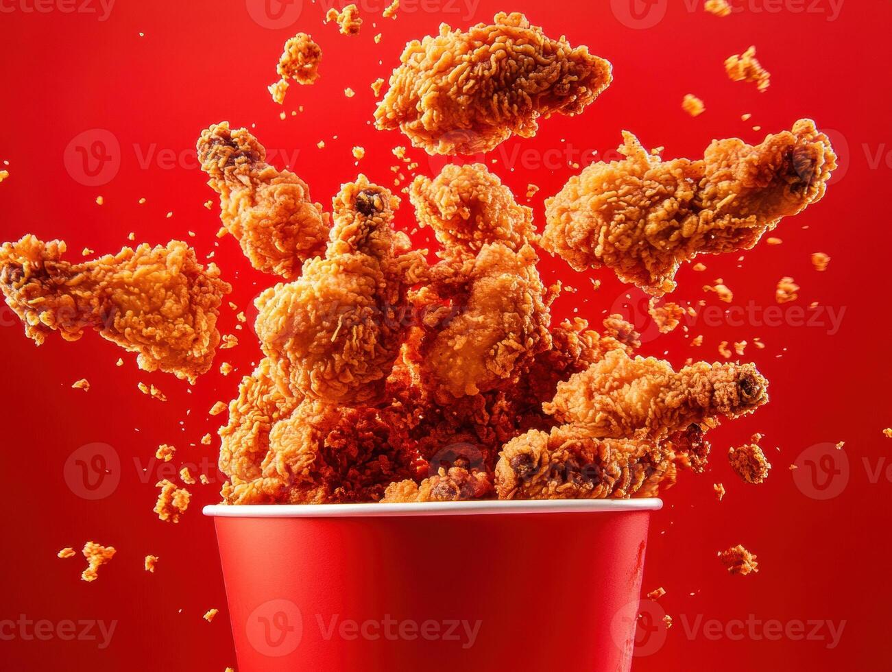 Fried chicken soaring from a red container against a vibrant backdrop photo