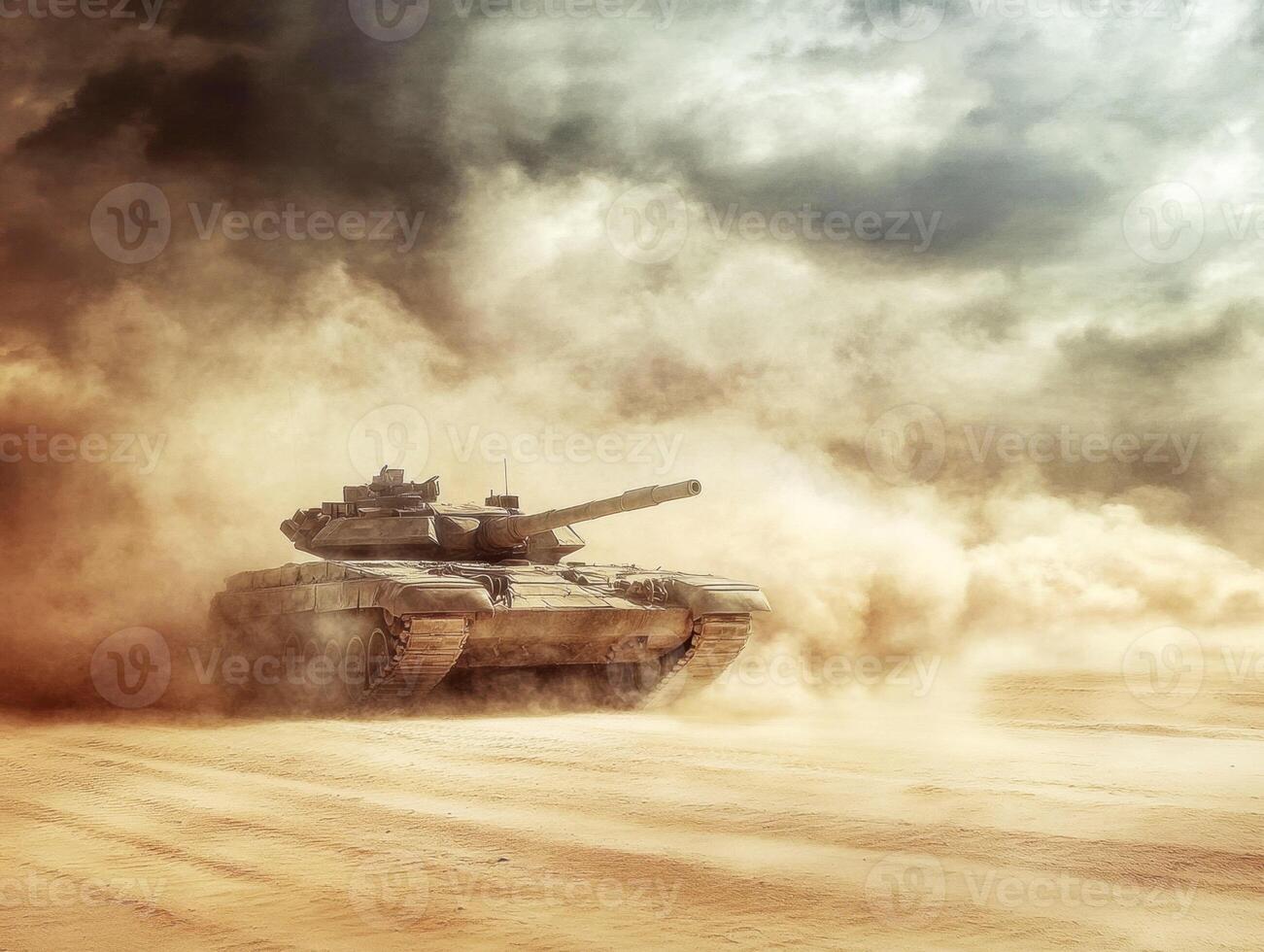 Tank maneuvering through dusty terrain during a military exercise photo