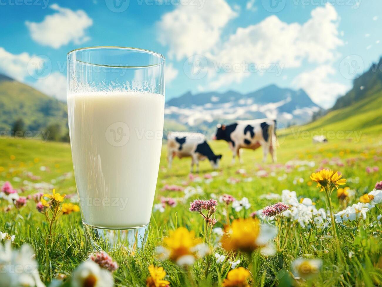 Refreshing milk in a vibrant meadow with grazing cows photo
