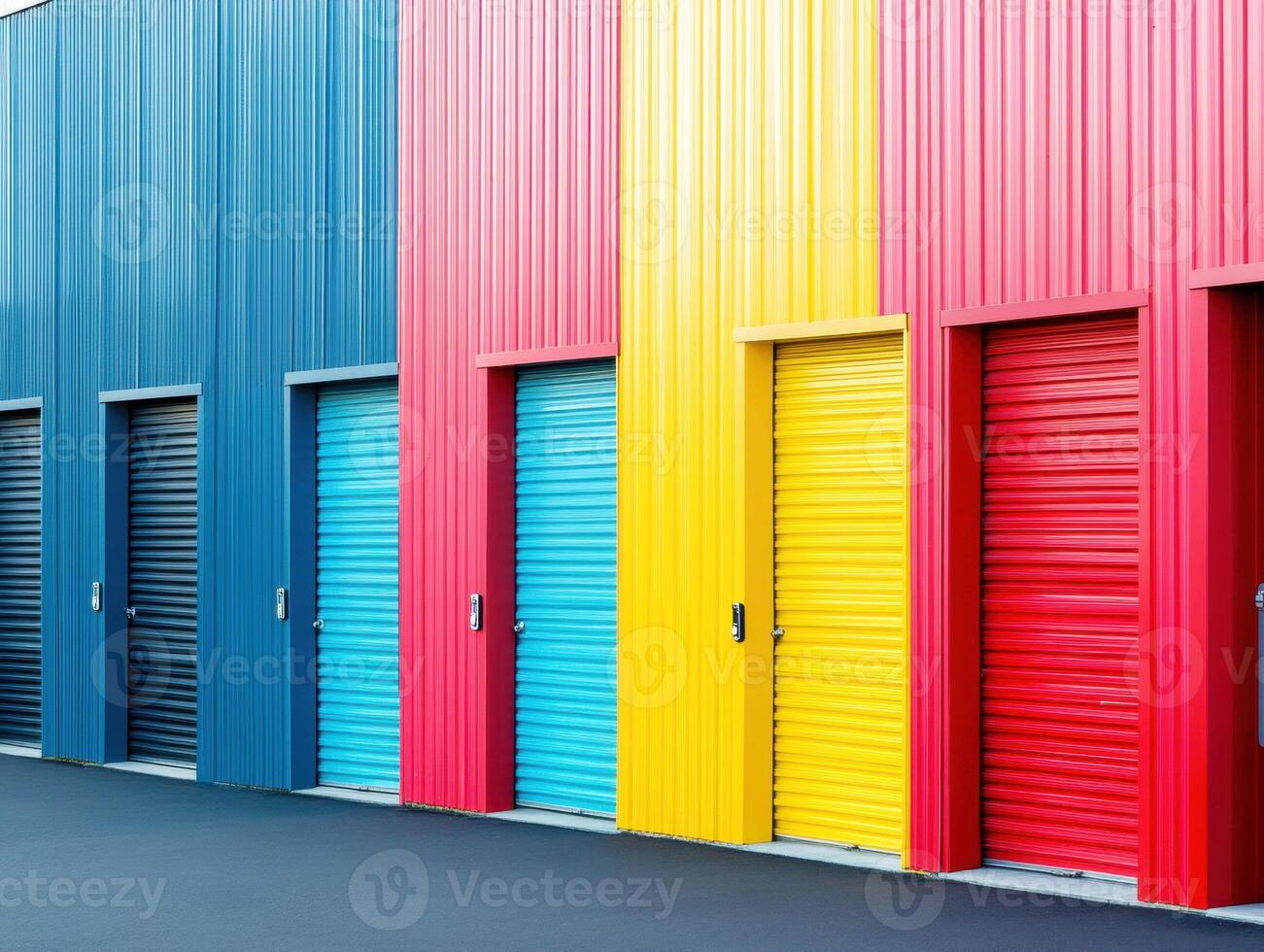 Colorful storage unit doors lined up in a row during daylight photo