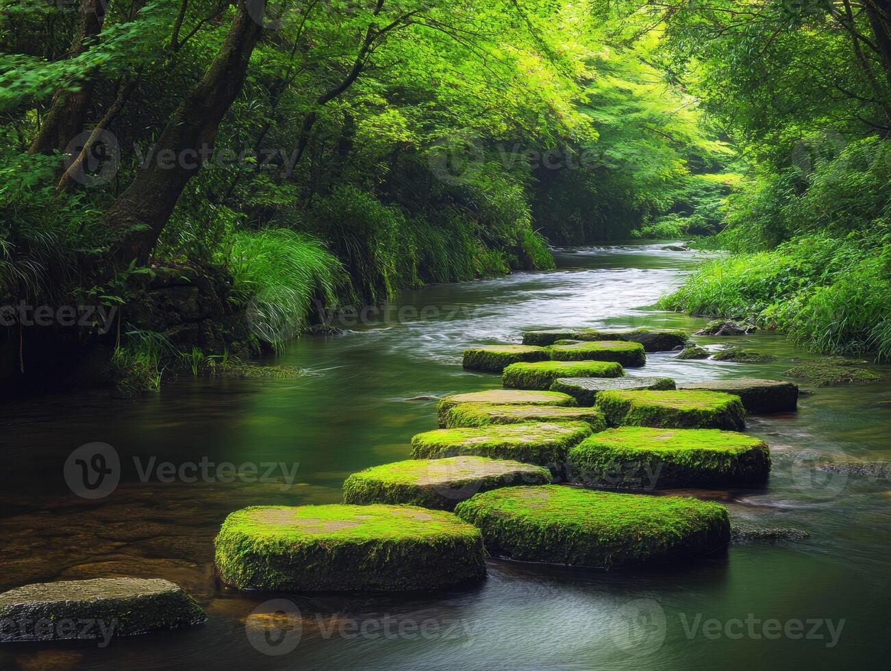 Serene stepping stones across a lush forest stream in summer photo
