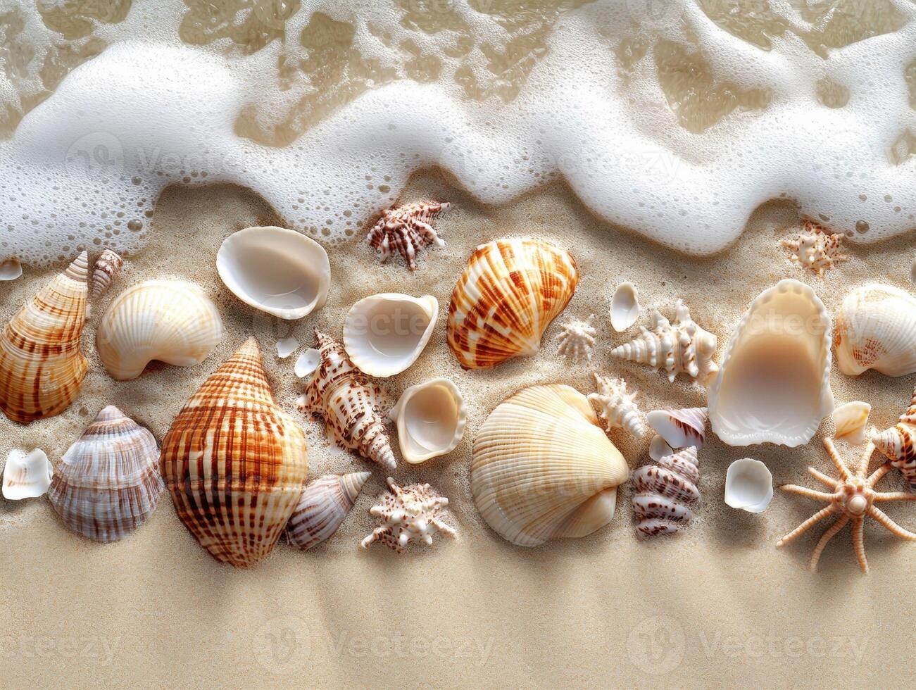 Beautiful shells scattered on sandy beach at low tide photo