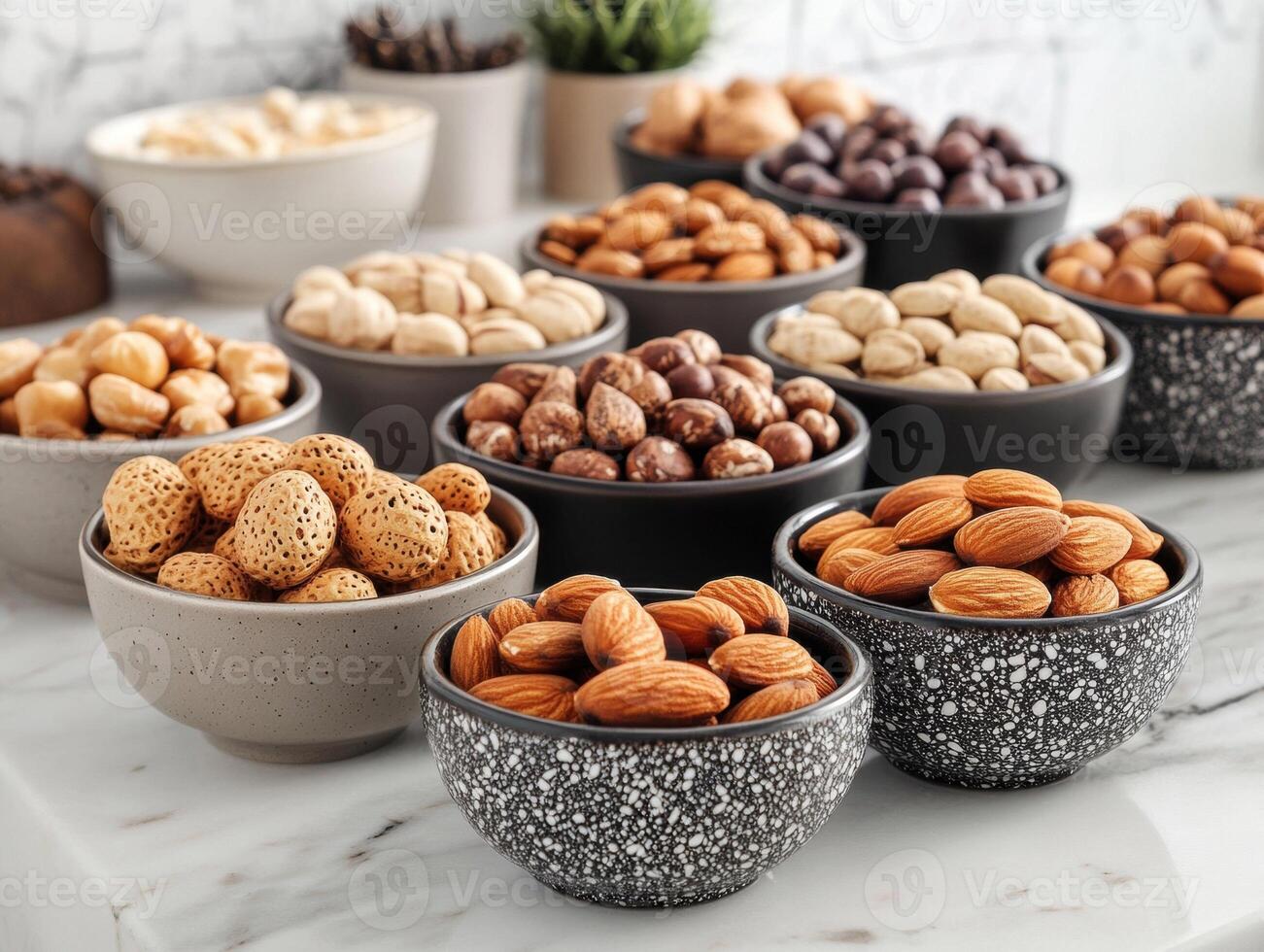 Variety of nuts displayed in bowls on a marble countertop photo